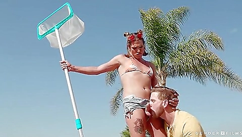 Hot blonde is deepthroated in the pool by a big cock