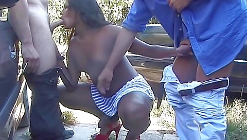 Ebony transfolk enjoy a kinky threesome in the street