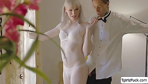 Lingerie blonde gets screwed hard on two big cocks